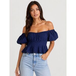 Express Off Shoulder Crop Top Small Blue Textured Peplum Puff Sleeve Zip Back